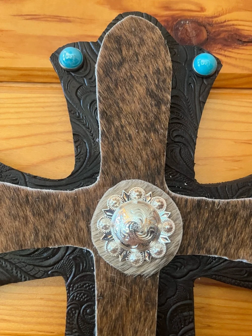 Decorative Leather & Hair-on Hide Cross with Turquoise Accents